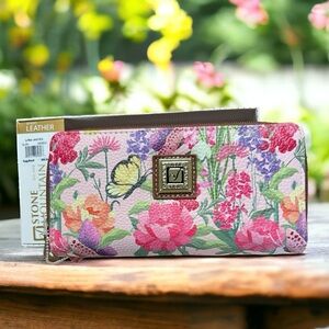 Stone Mountain Pink Floral Butterfly Double Compartment Checkbook Leather Wallet